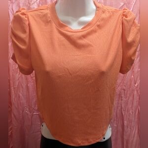 Salmon Ribbed Puff-sleve Crop Top